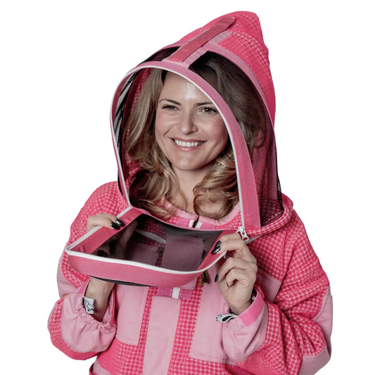 Woman holding open the unzipped fencing veil on the 3 Layer OZ Armour pink suit