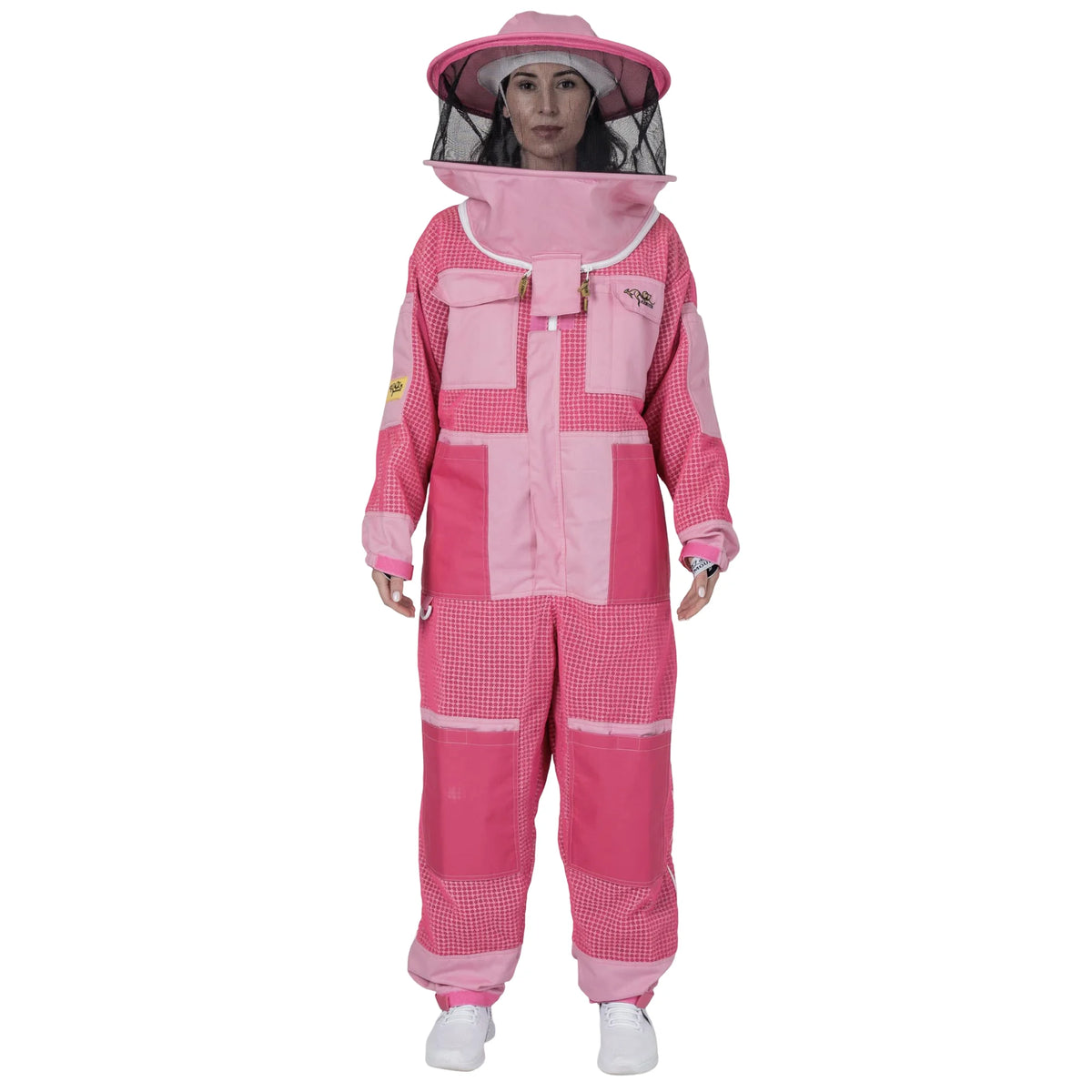 Woman wearing 3 Layer OZ Armour pink suit with round hat veil, front view