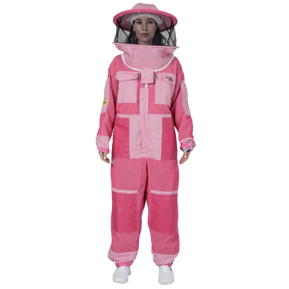 Woman wearing 3 Layer OZ Armour pink suit with round hat veil, front view