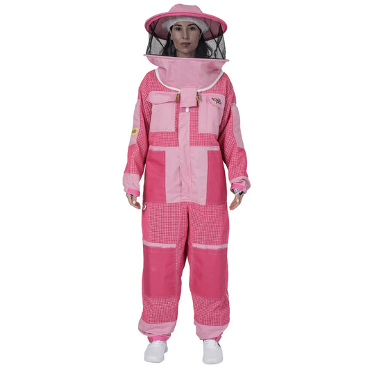 Woman wearing 3 Layer OZ Armour pink suit with round hat veil, front view
