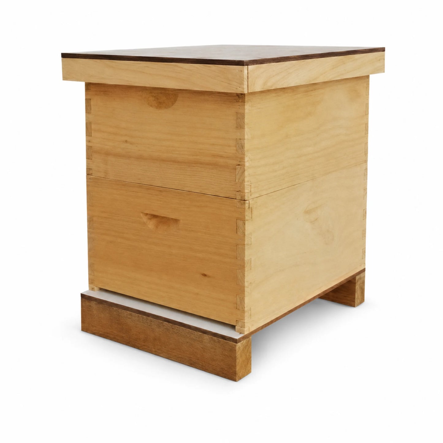 OZ ARMOUR telescopic beehive with two full-depth New Zealand pine boxes, Weathertex lid and base board, side angle view