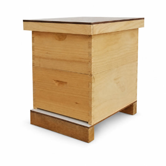 OZ ARMOUR telescopic beehive with two full-depth New Zealand pine boxes, Weathertex lid and base board, side angle view