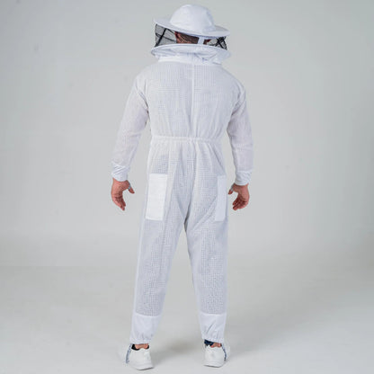 Man wearing OZ Armour white 3 layer beekeeping suit with round hat veil, full length back view