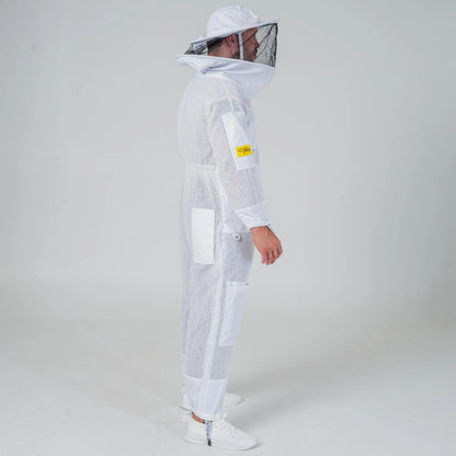 Man wearing OZ Armour white 3 layer beekeeping suit with round hat veil, three quarter full length view