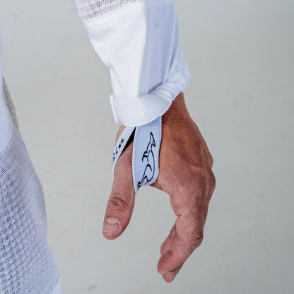 Close up of the elasticated sleeve cuff with thumb hole on the OZ Armour white 3 layer beekeeping suit