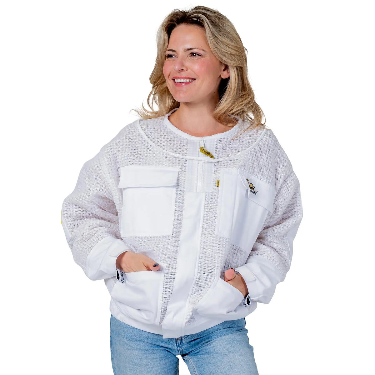  Woman wearing the OZ ARMOUR 3 Layer Mesh Beekeeping Jacket with Fencing Veil, front view, hood down