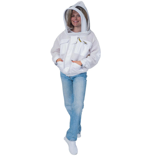 oman wearing the OZ ARMOUR 3 Layer Mesh Beekeeping Jacket with Fencing Veil, full length front view, hood up