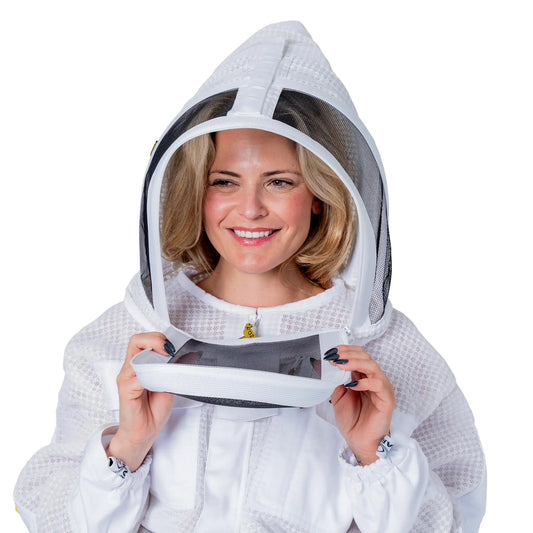  Woman wearing the OZ ARMOUR 3 Layer Mesh Beekeeping Jacket with Fencing Veil, fencing veil up, close up on face