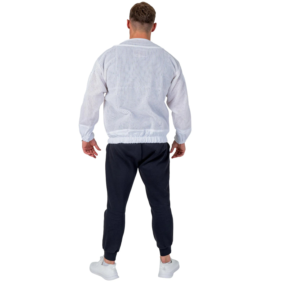 Man wearing the OZ ARMOUR 3 Layer Mesh Beekeeping Jacket with Round Veil, back view, hood down