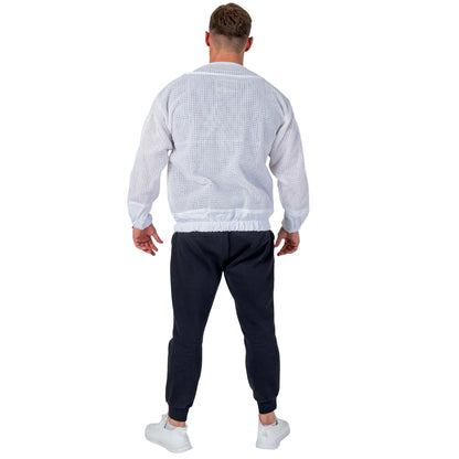 Man wearing the OZ ARMOUR 3 Layer Mesh Beekeeping Jacket with Round Veil, back view, hood down