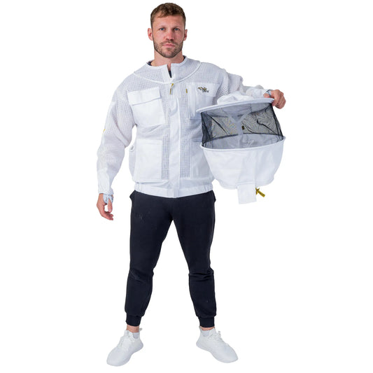  Man wearing the OZ ARMOUR 3 Layer Mesh Beekeeping Jacket with Round Veil, front view, holding the detached round veil