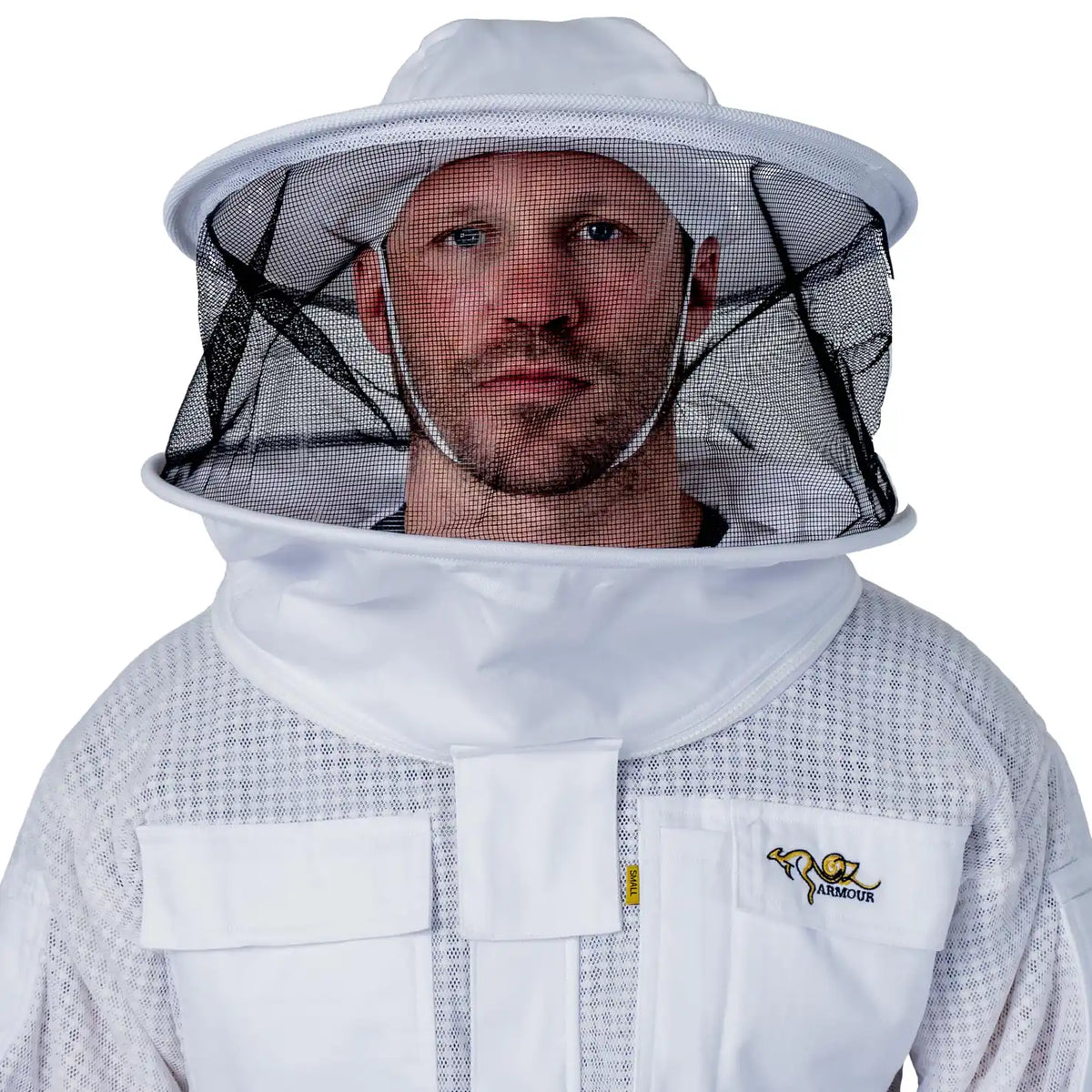Man wearing the OZ ARMOUR 3 Layer Mesh Beekeeping Jacket with Round Veil, round hat veil up, close up on face