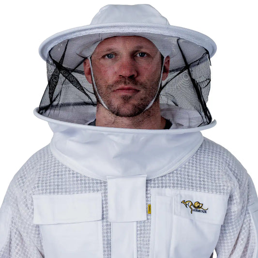 Man wearing the OZ ARMOUR 3 Layer Mesh Beekeeping Jacket with Round Veil, round hat veil up, close up on face
