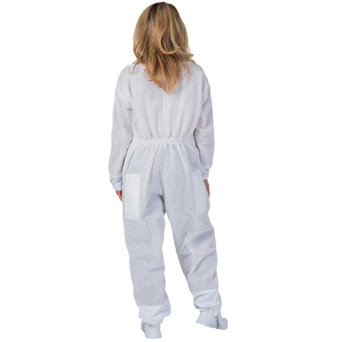 Woman wearing the OZ ARMOUR 3 Layer Mesh Beekeeping Suit with Fencing Veil, full body back view