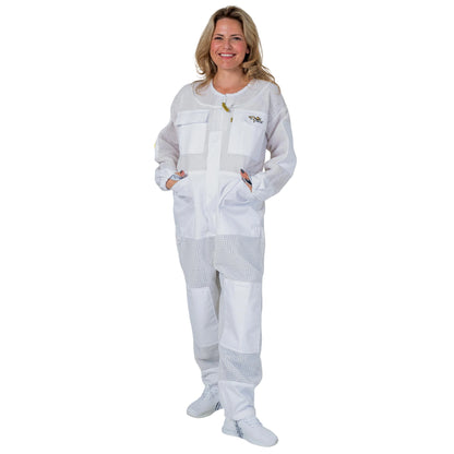 Woman wearing the OZ ARMOUR 3 Layer Mesh Beekeeping Suit with Fencing Veil, full body front view, hood down
