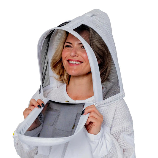 Woman wearing the OZ ARMOUR 3 Layer Mesh Beekeeping Suit with Fencing Veil, fencing veil up, close up on face