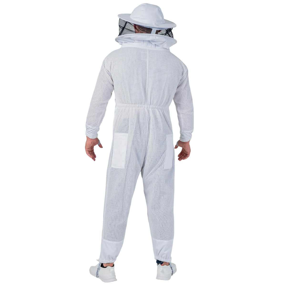 Man wearing the OZ ARMOUR 3 Layer Mesh Beekeeping Suit with Round Veil, full body back view, hood up

