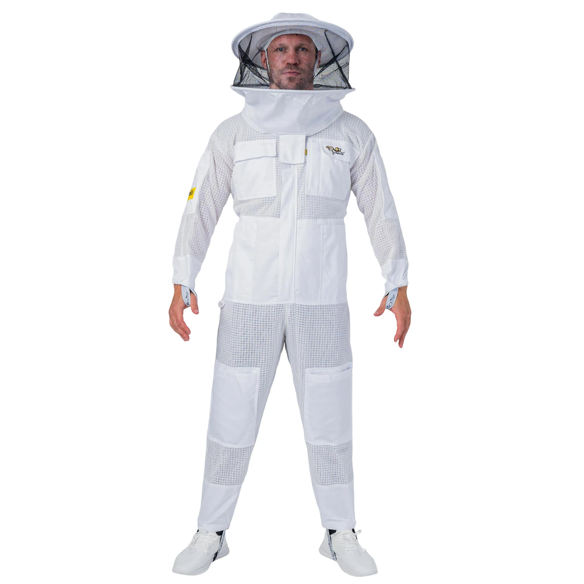 Man wearing the OZ ARMOUR 3 Layer Mesh Beekeeping Suit with Round Veil, full body front view, hood up

