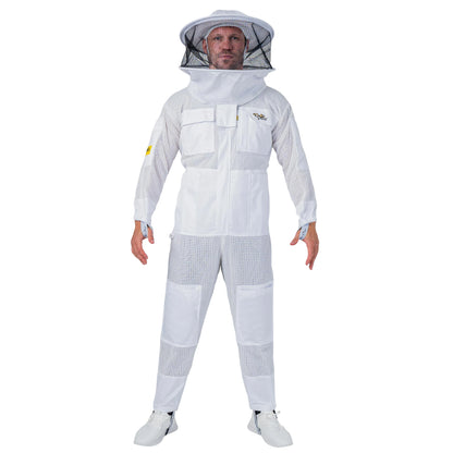 Man wearing the OZ ARMOUR 3 Layer Mesh Beekeeping Suit with Round Veil, full body front view, hood up
