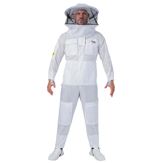 Man wearing the OZ ARMOUR 3 Layer Mesh Beekeeping Suit with Round Veil, full body front view, hood up
