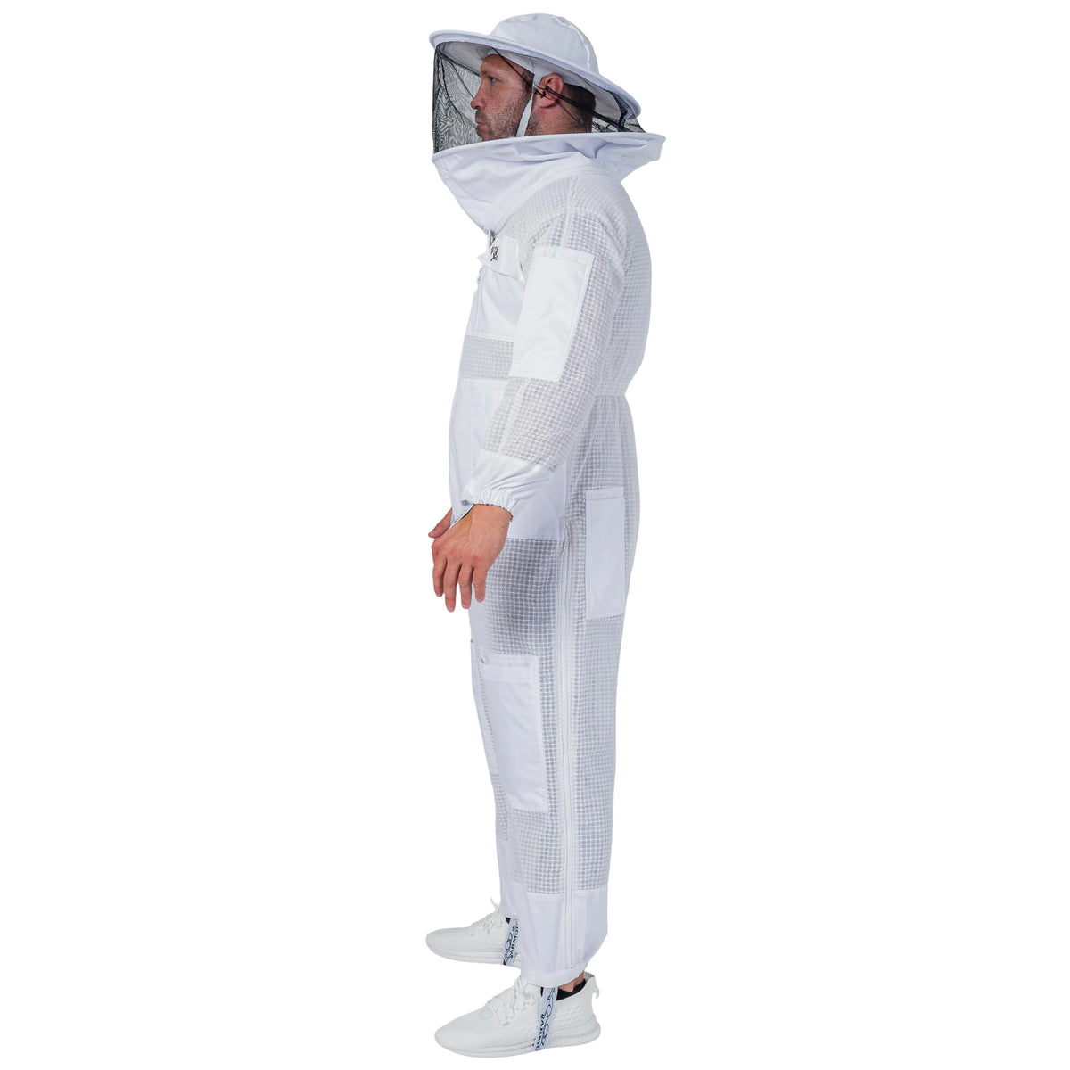 Man wearing the OZ ARMOUR 3 Layer Mesh Beekeeping Suit with Round Veil, full body side view, hood up
