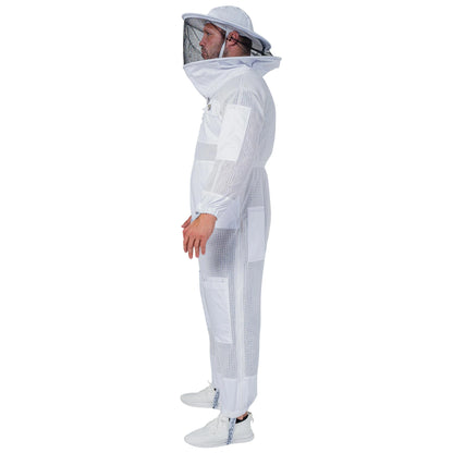 Man wearing the OZ ARMOUR 3 Layer Mesh Beekeeping Suit with Round Veil, full body side view, hood up
