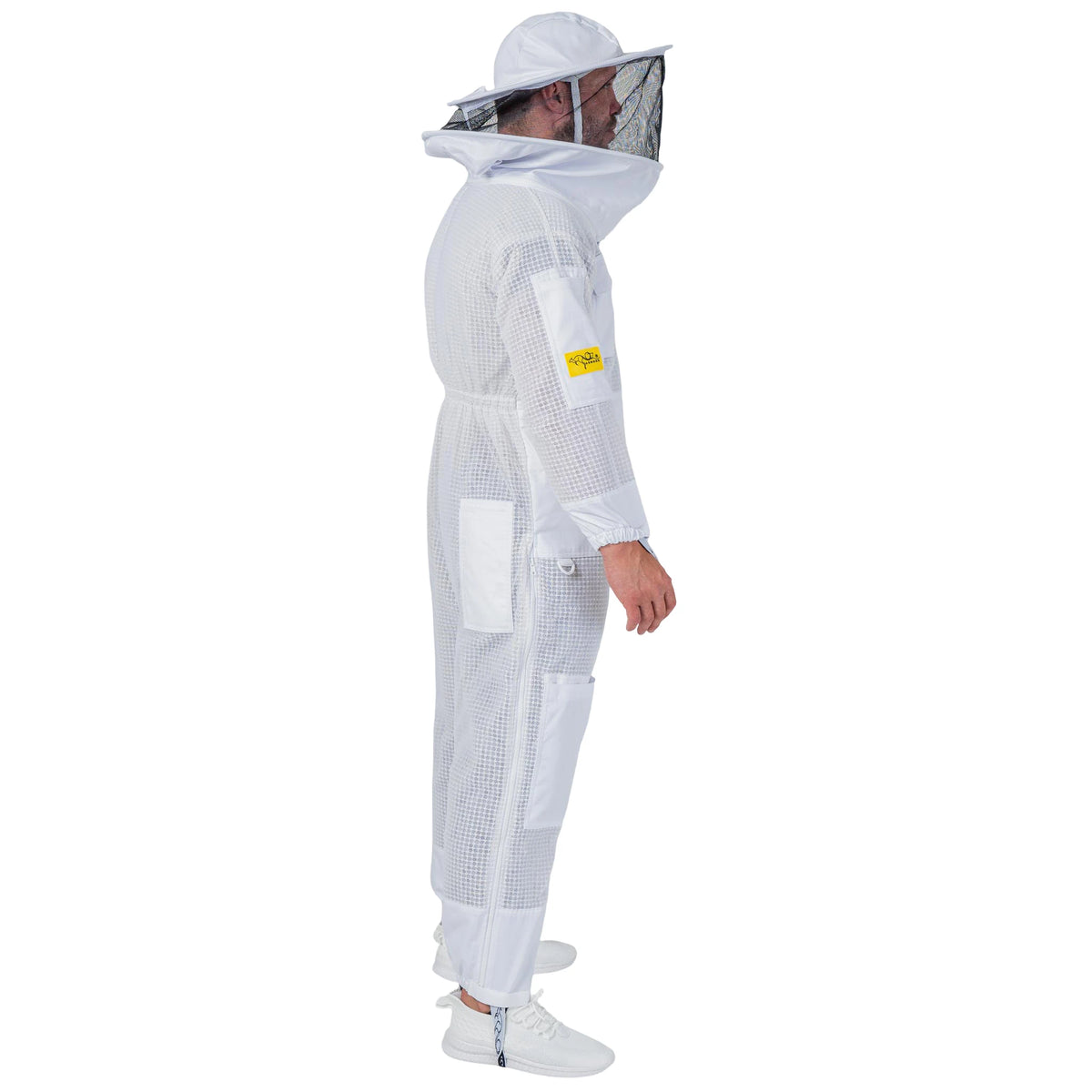  Man wearing the OZ ARMOUR 3 Layer Mesh Beekeeping Suit with Round Veil, full body walking side view, hood up