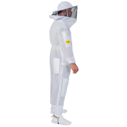  Man wearing the OZ ARMOUR 3 Layer Mesh Beekeeping Suit with Round Veil, full body walking side view, hood up