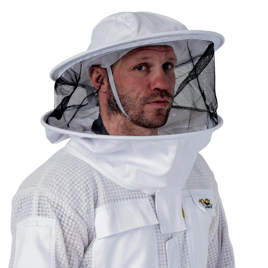  Man wearing the OZ ARMOUR 3 Layer Mesh Beekeeping Suit with Round Veil, round hat veil up, close up on face