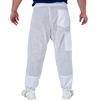  Man wearing the OZ ARMOUR 3 Layer Mesh Beekeeping Trousers, full body back view
