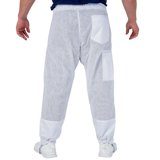  Man wearing the OZ ARMOUR 3 Layer Mesh Beekeeping Trousers, full body back view
