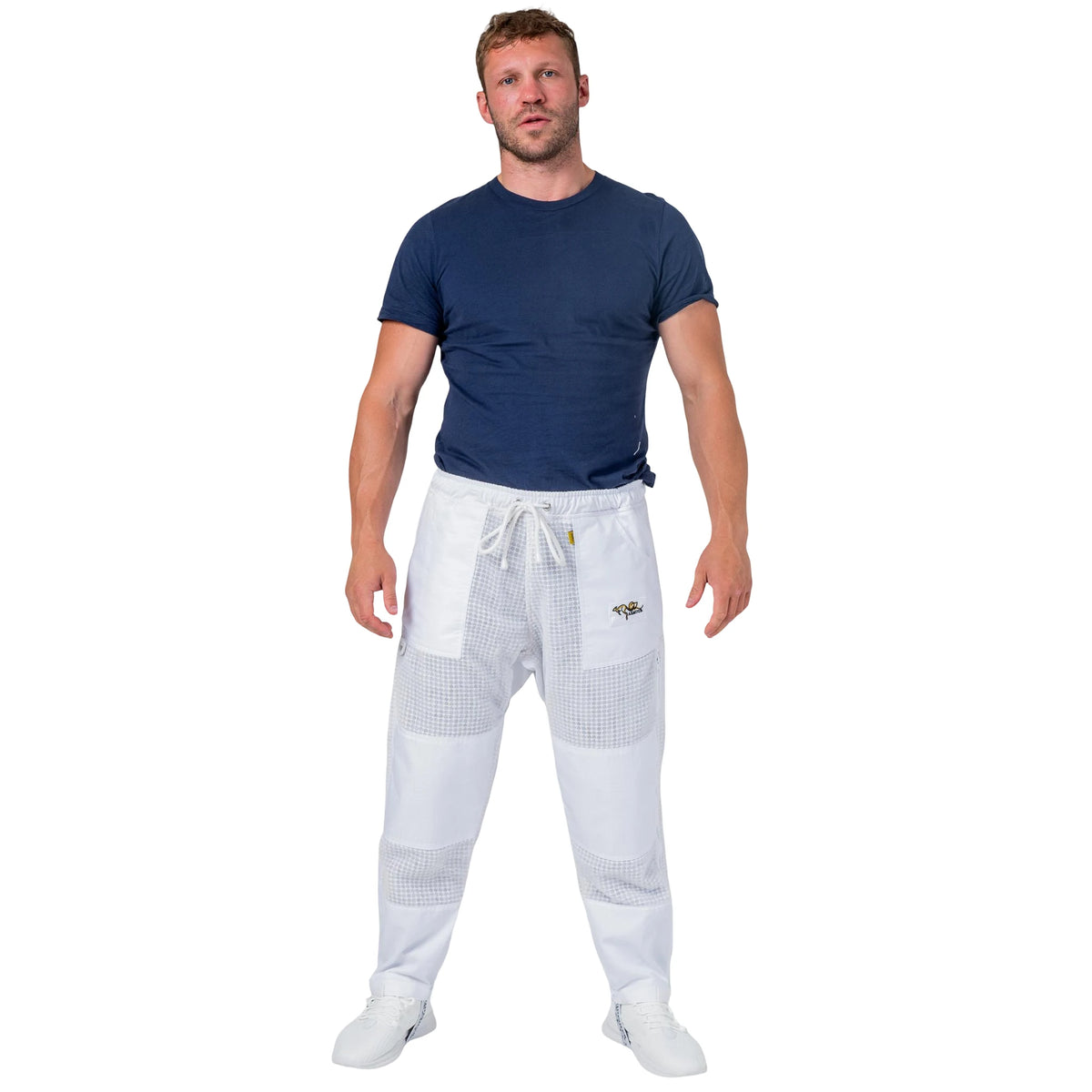 Man wearing the OZ ARMOUR 3 Layer Mesh Beekeeping Trousers, full body front view