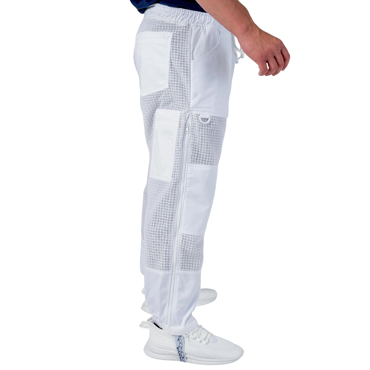 Man wearing the OZ ARMOUR 3 Layer Mesh Beekeeping Trousers, full body walking side view