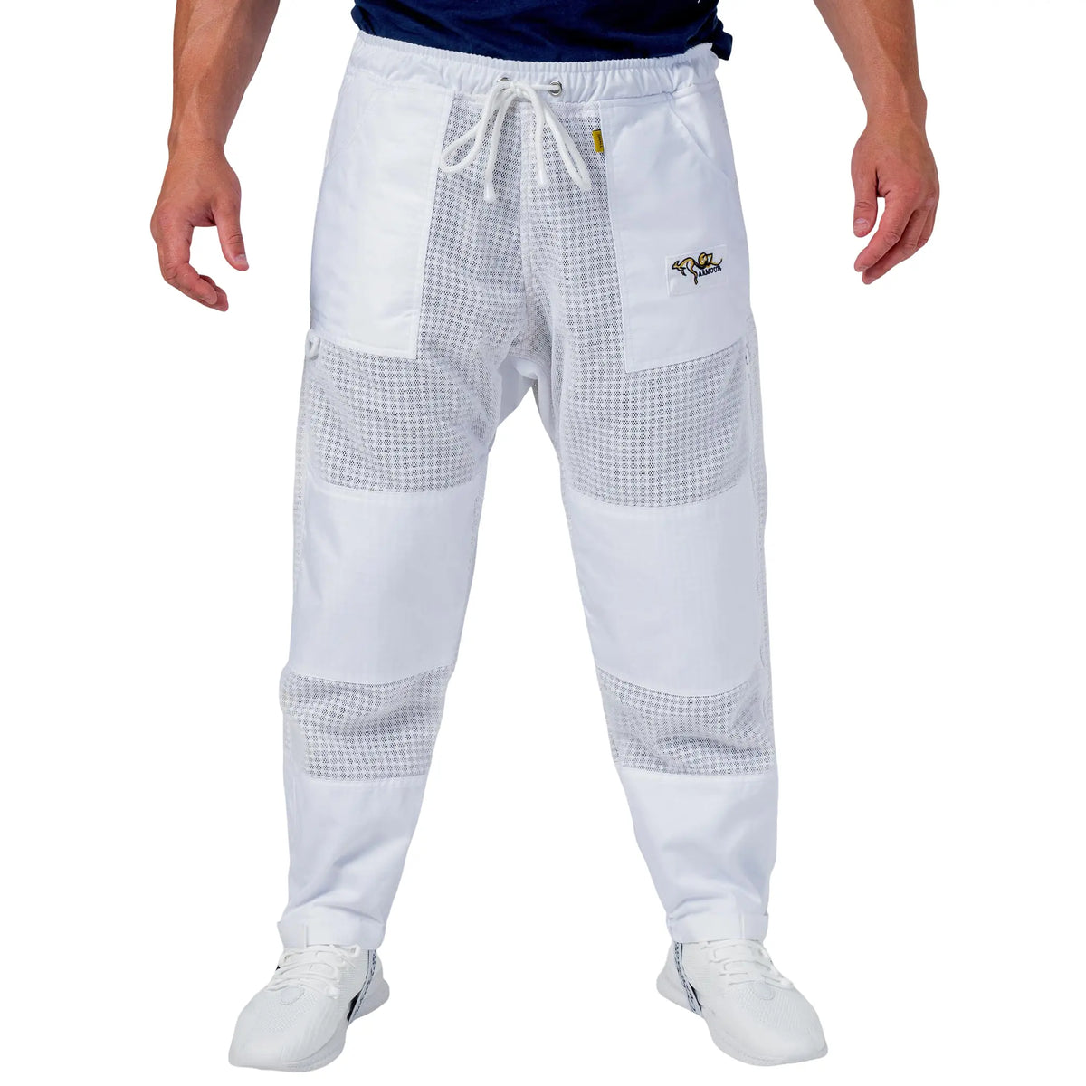 Man wearing the OZ ARMOUR 3 Layer Mesh Beekeeping Trousers, Close up of the waist drawstring
