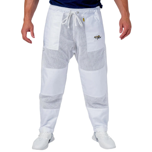 Man wearing the OZ ARMOUR 3 Layer Mesh Beekeeping Trousers, Close up of the waist drawstring
