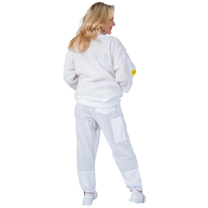 Woman wearing the OZ ARMOUR Beekeeping Jacket and Trouser Set with Fencing Veil, full body back view, hood down