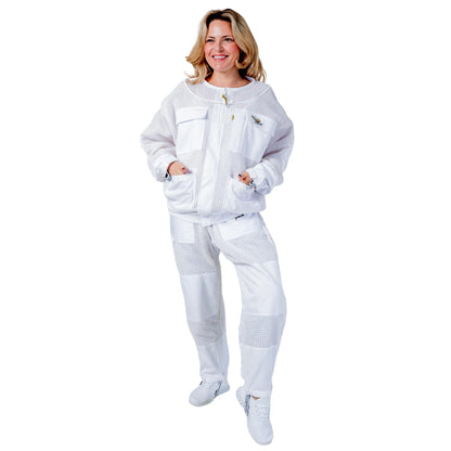  Woman wearing the OZ ARMOUR Beekeeping Jacket and Trouser Set with Fencing Veil, full body front view, hood down