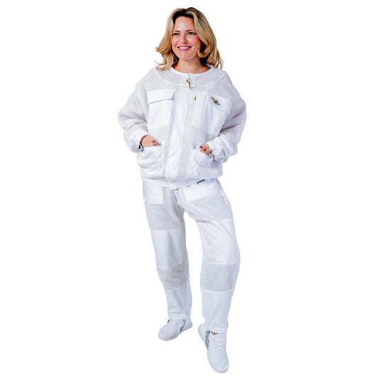  Woman wearing the OZ ARMOUR Beekeeping Jacket and Trouser Set with Fencing Veil, full body front view, hood down