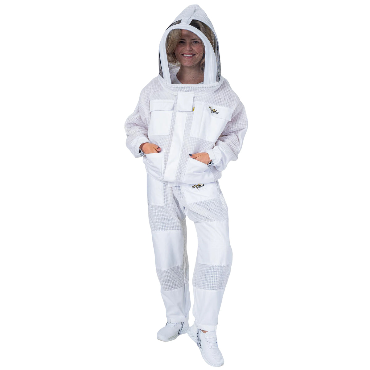 Woman wearing the OZ ARMOUR Beekeeping Jacket and Trouser Set with Fencing Veil, full body front view