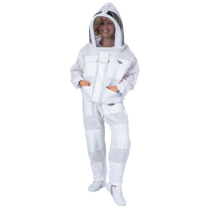 Woman wearing the OZ ARMOUR Beekeeping Jacket and Trouser Set with Fencing Veil, full body front view