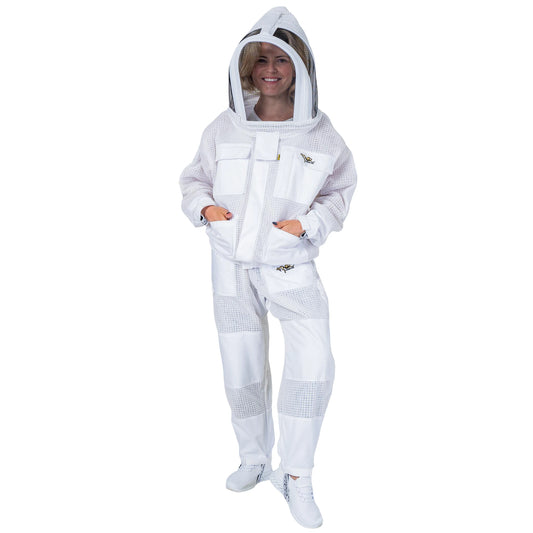Woman wearing the OZ ARMOUR Beekeeping Jacket and Trouser Set with Fencing Veil, full body front view