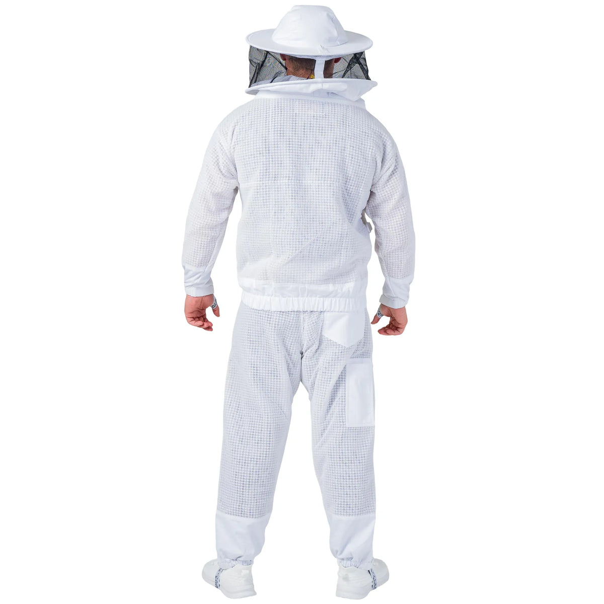 Man wearing the OZ ARMOUR Beekeeping Jacket and Trouser Set with Round Veil, full body back view, hood up