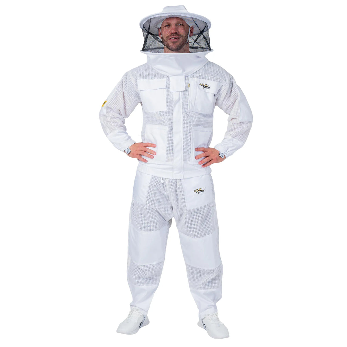  Man wearing the OZ ARMOUR Beekeeping Jacket and Trouser Set with Round Veil, full body front view, hood up