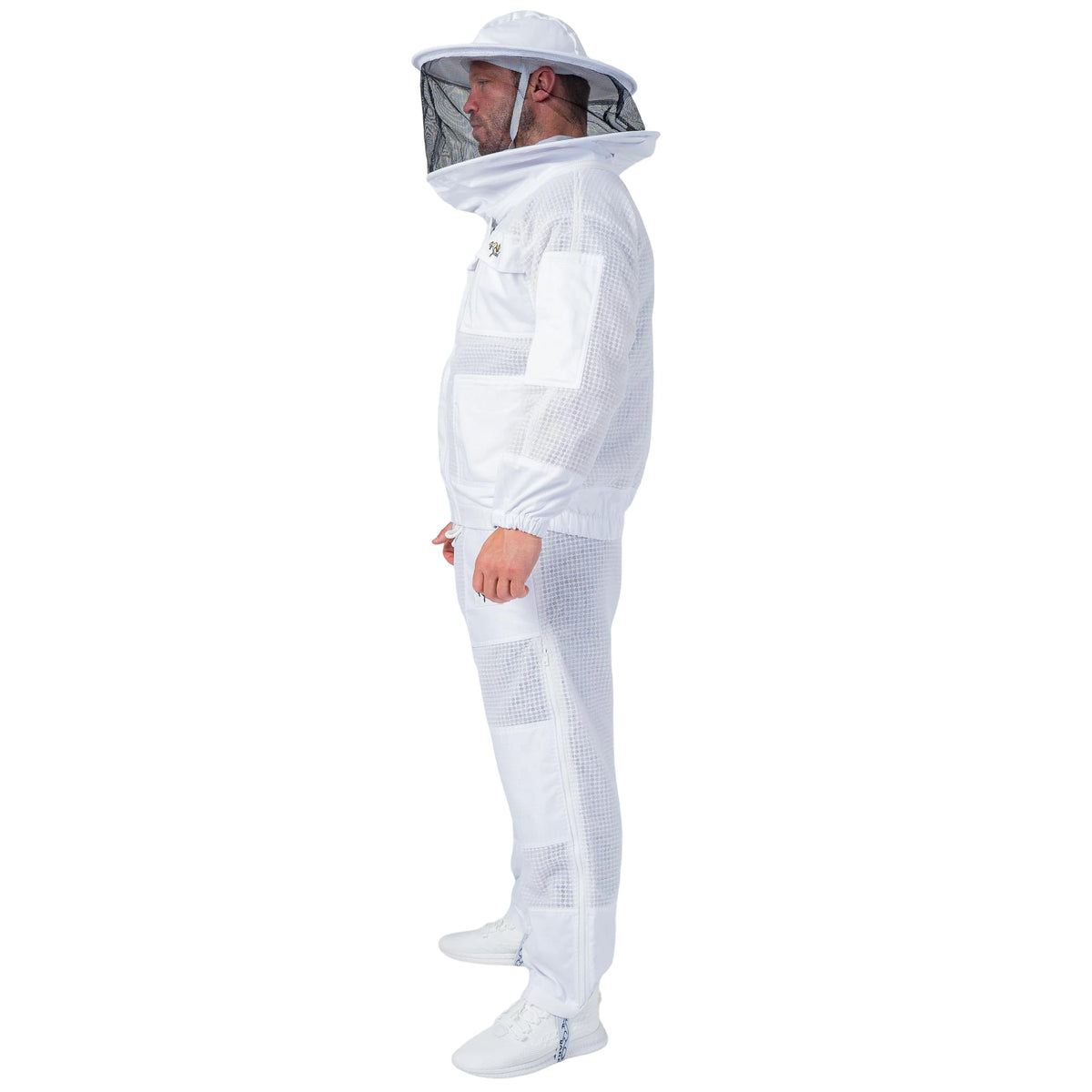  Man wearing the OZ ARMOUR Beekeeping Jacket and Trouser Set with Round Veil, full body side view, hood up