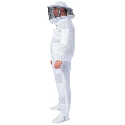  Man wearing the OZ ARMOUR Beekeeping Jacket and Trouser Set with Round Veil, full body side view, hood up