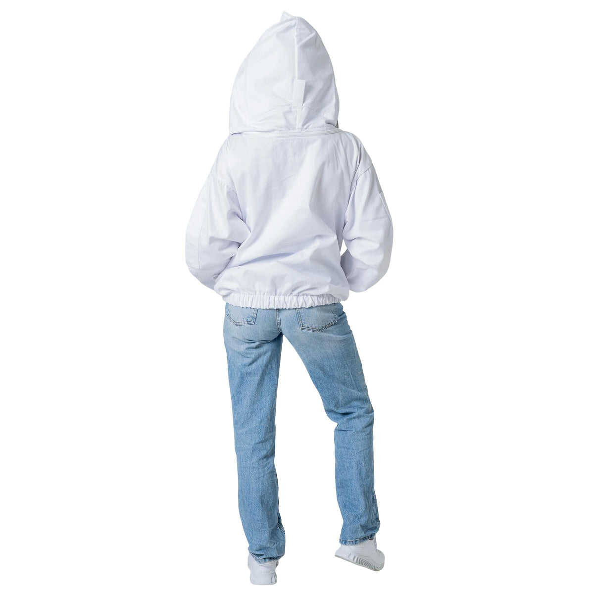 Woman wearing the OZ ARMOUR Poly Cotton Beekeeping Jacket with Fencing Veil, full body back view, hood up