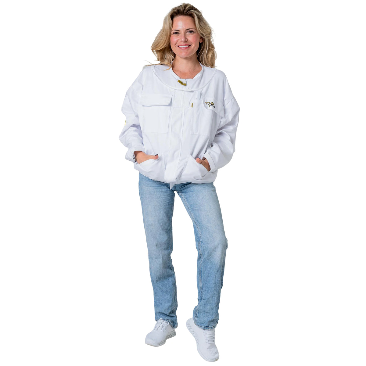  Woman wearing the OZ ARMOUR Poly Cotton Beekeeping Jacket with Fencing Veil, full body front view, hood down