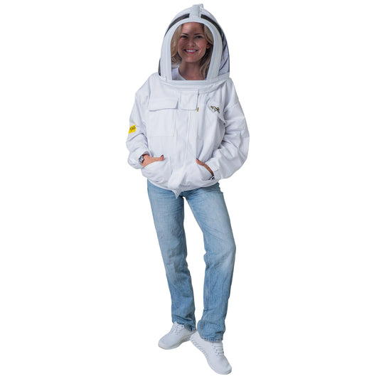  Woman wearing the OZ ARMOUR Poly Cotton Beekeeping Jacket with Fencing Veil, full body front view, hood up
