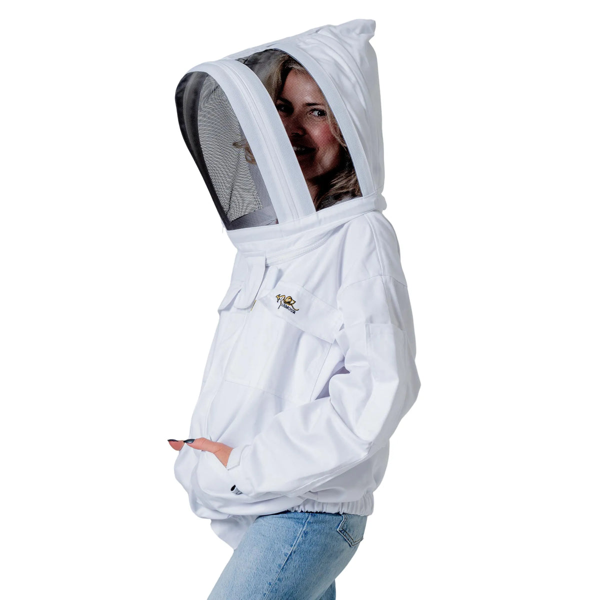 Woman wearing the OZ ARMOUR Poly Cotton Beekeeping Jacket with Fencing Veil, fencing veil up, side view close up