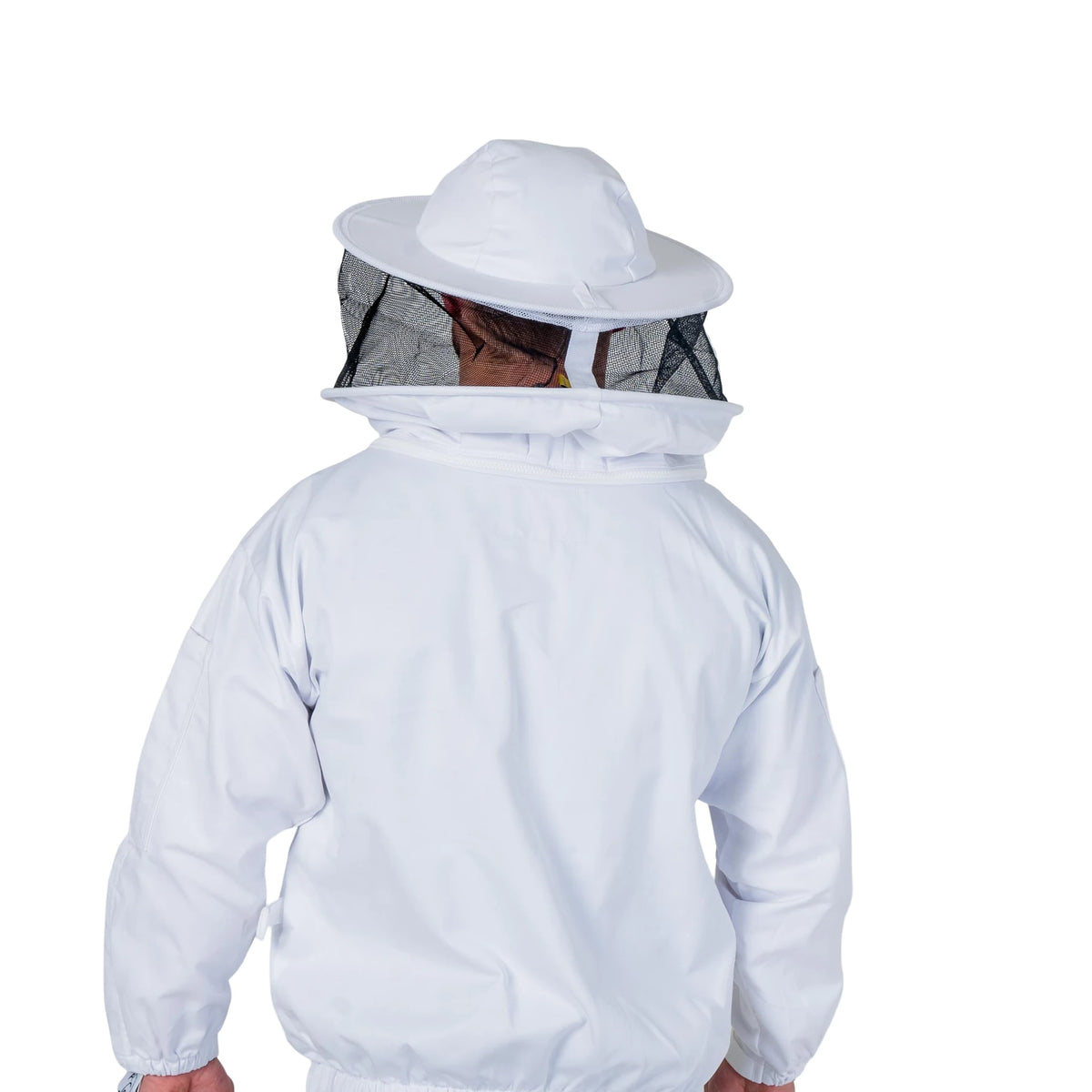 Man wearing the OZ ARMOUR Poly Cotton Beekeeping Jacket with Round Veil, full body back view, hood up
